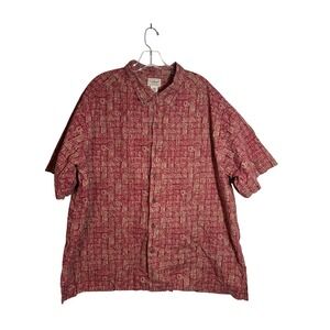 LL Bean Mens XL Reg Short Sleeve Button Up Shirt Red Tan Geometric Print‎